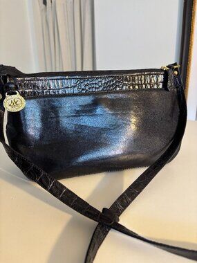 Black Smooth Leather Brahmin Shoulder/Crossbody Bag w/ Crocodile Details VNTG